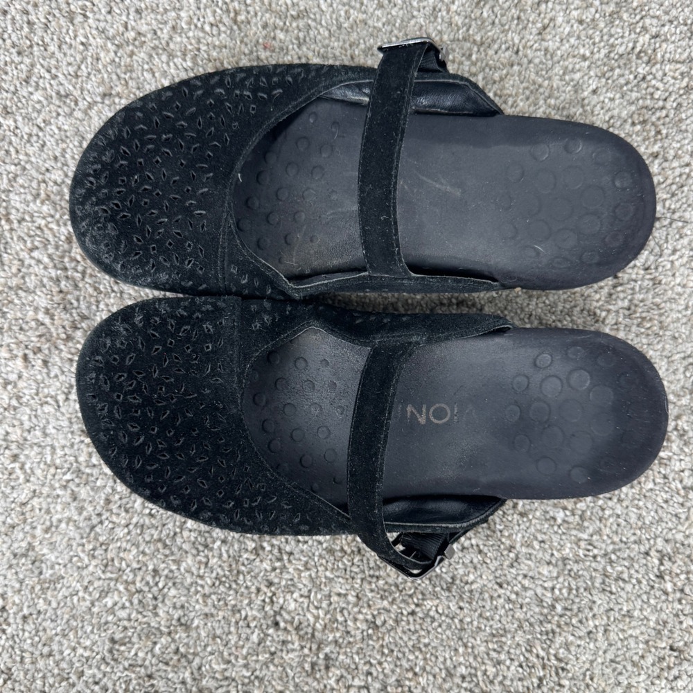 Vionic Black Suede Laser Cut Perforated Mary Jane Mules Clogs Orthotic Comfort